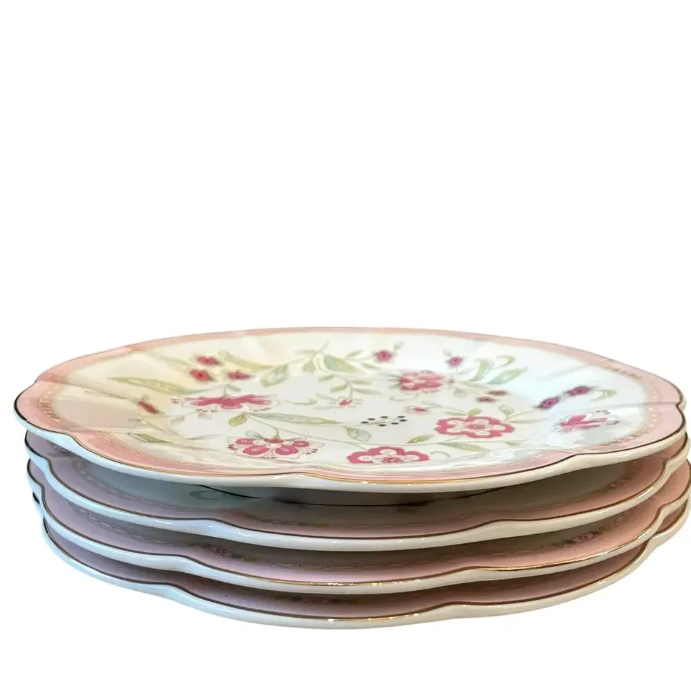 Grace Teaware Pink Corn Flowers with Gold Trim 10.5” Dinner Plates Set of 4 New